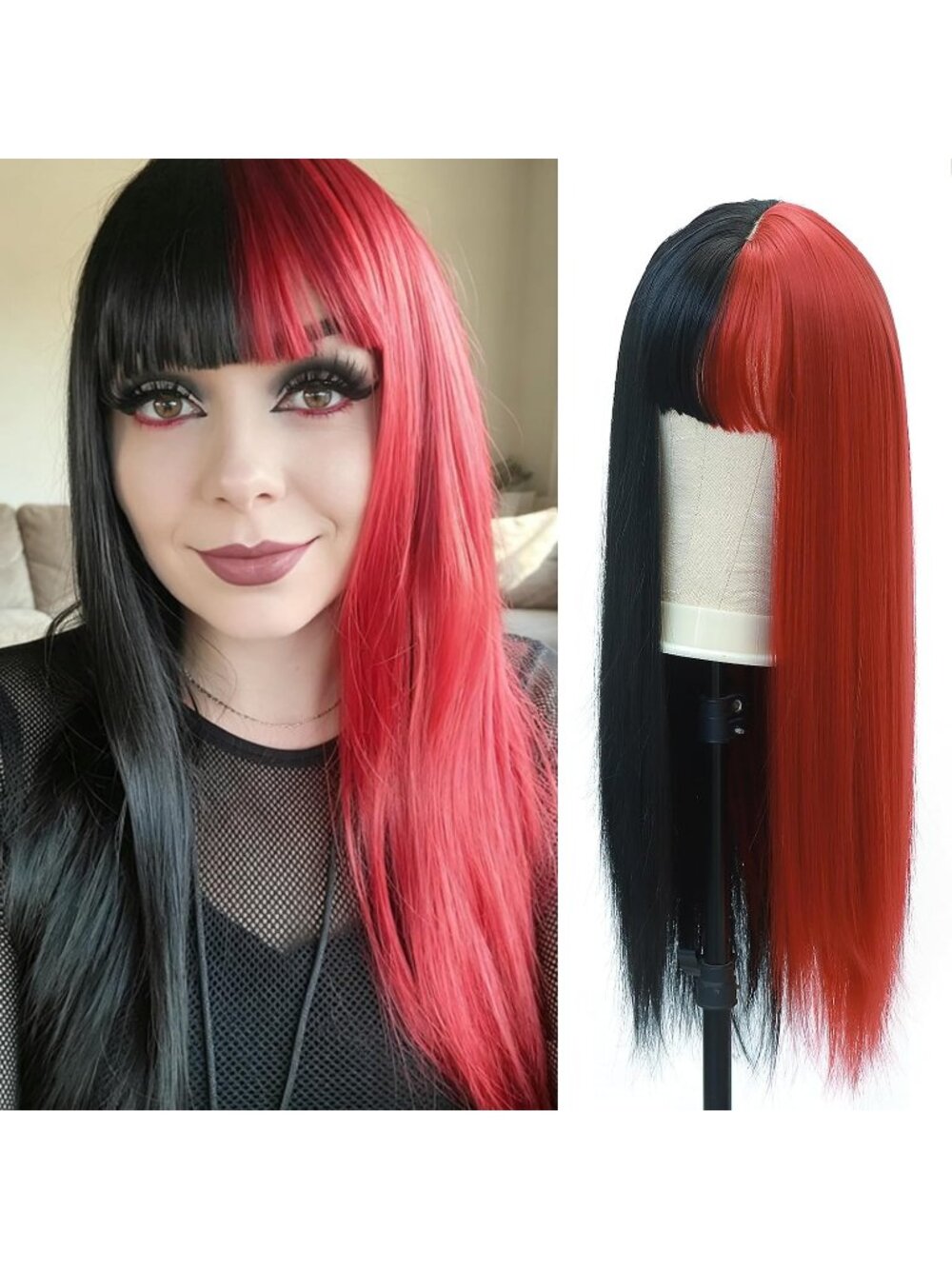 Women's Red Black 26 Inch Heat Resistant Synthetic Long Straight Wigs Bangs
